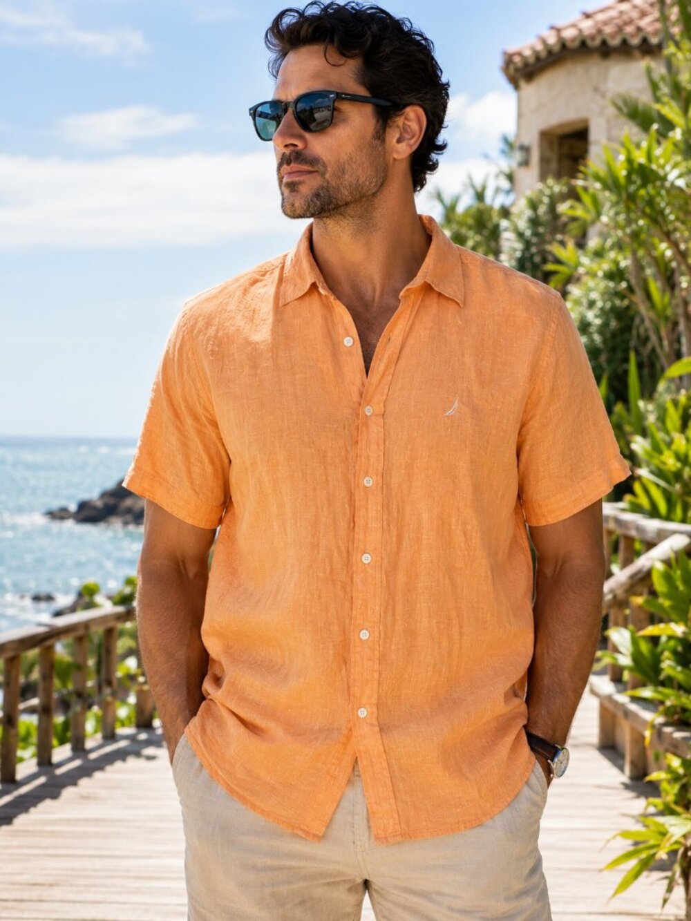 Nautica 100 Linen Short Sleeve Button Up Shirt Peach Orange XL